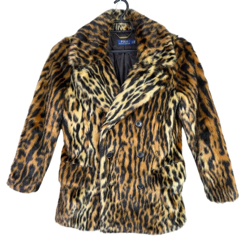 Womens Polo Ralph Lauren Leopard Print Coat Faux Fur Double Breasted Lined S
